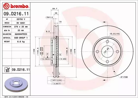 BREMBO TARCZA HAMULCOWA 09.D216.11 