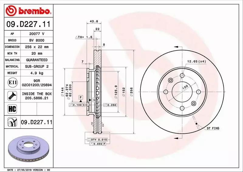 BREMBO TARCZE+KLOCKI PRZÓD KIA RIO IV 256MM 