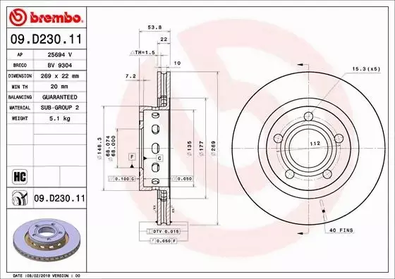 BREMBO TARCZE HAMULCOWE TYŁ 09.D230.11 