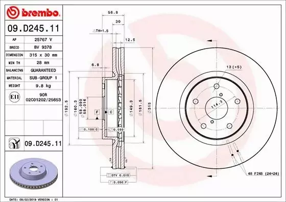 BREMBO TARCZE+KLOCKI P SUBARU LEGACY VI 315MM 