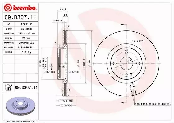 BREMBO TARCZE+KLOCKI PRZÓD ABARTH 124 SP 280MM 