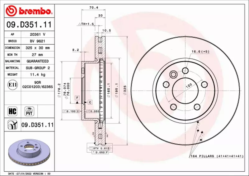 BREMBO TARCZA HAMULCOWA 09.D351.11 