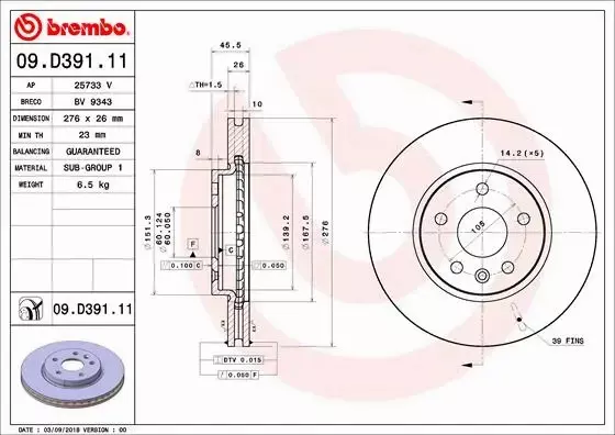 BREMBO TARCZA HAMULCOWA 09.D391.11 