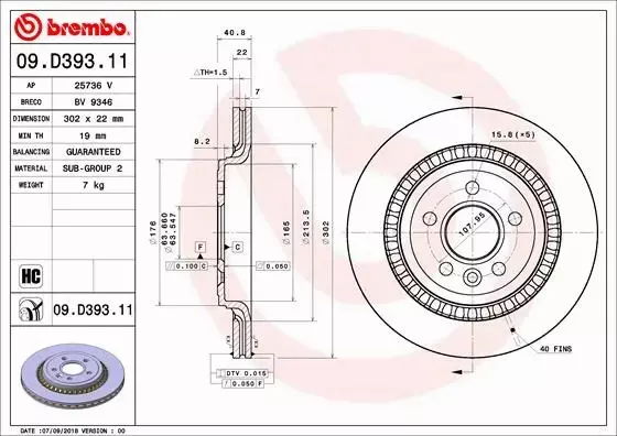 BREMBO TARCZE+KLOCKI TYŁ VOLVO S60 II 302MM 