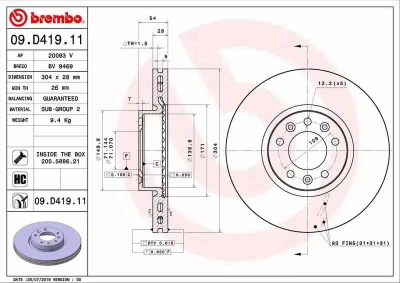 BREMBO TARCZA HAMULCOWA 09.D419.11 