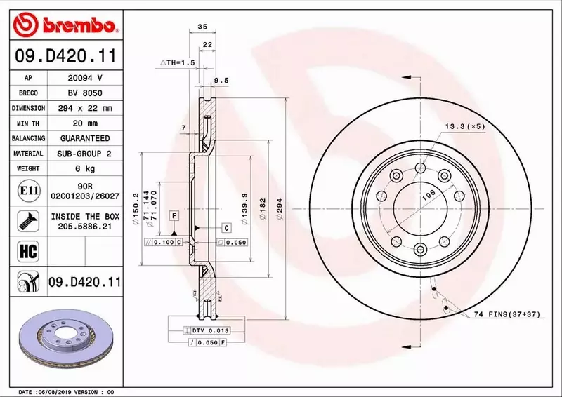 BREMBO TARCZE+KLOCKI T CITROEN JUMPY III 294MM 