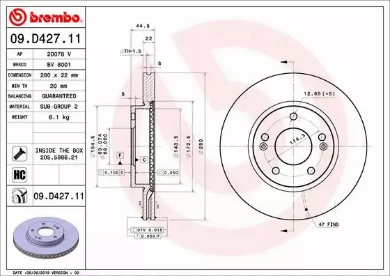 BREMBO TARCZE+KLOCKI PRZÓD HYUNDAI IONIQ 280MM 