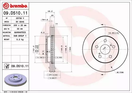 BREMBO TARCZE+KLOCKI PRZÓD TOYOTA PRIUS IV 255MM 