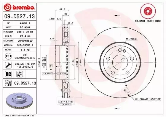 BREMBO TARCZE HAMULCOWE PRZÓD 09.D527.13 