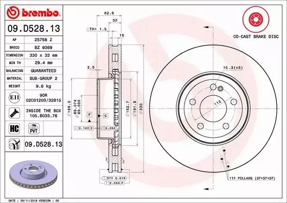 BREMBO TARCZE+KLOCKI P MERCEDES E W213 330MM 