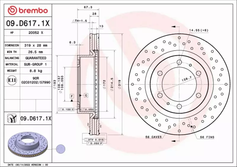 BREMBO TARCZA HAMULCOWA 09.D617.1X 