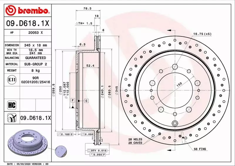 BREMBO TARCZA HAMULCOWA 09.D618.1X 