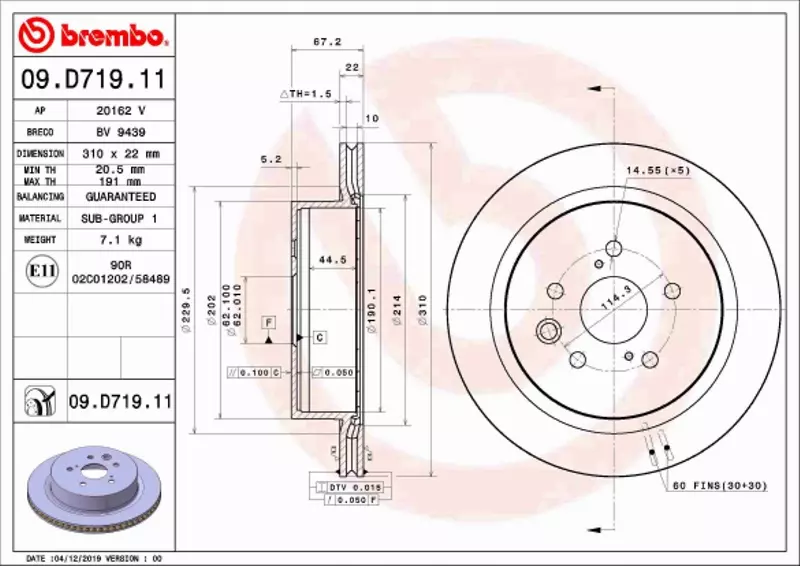 BREMBO TARCZA HAMULCOWA 09.D719.11 