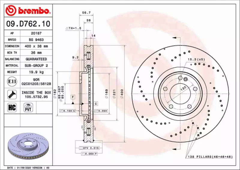 BREMBO TARCZA HAMULCOWA 09.D762.10 