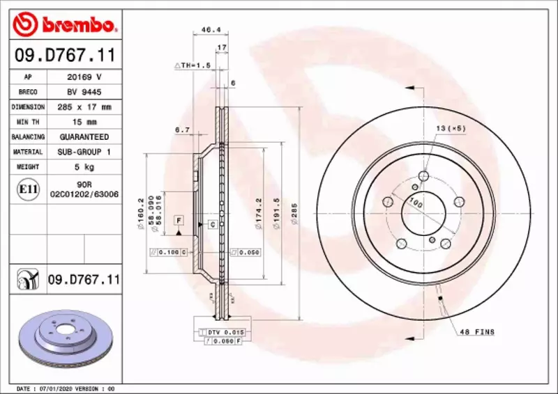 BREMBO TARCZA HAMULCOWA 09.D767.11 