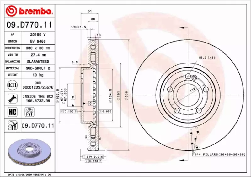 BREMBO TARCZA HAMULCOWA 09.D770.11 