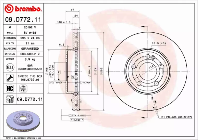 BREMBO TARCZE+KLOCKI PRZÓD MERCEDES A W177 295MM 