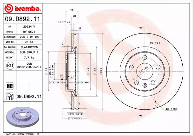 BREMBO TARCZA HAMULCOWA 09.D892.11 