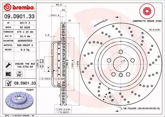 BREMBO TARCZE+KLOCKI TYŁ BMW 5 G30 G31 7 G11 G12 370MM 