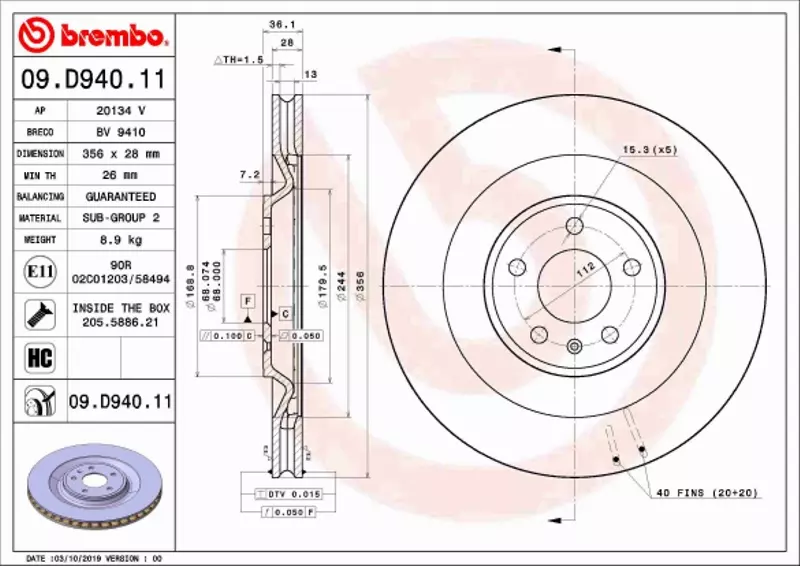 BREMBO TARCZA HAMULCOWA 09.D940.11 