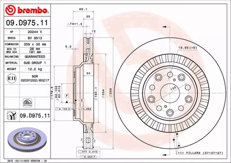 BREMBO TARCZA HAMULCOWA 09.D975.11 