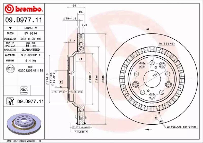 BREMBO TARCZA HAMULCOWA 09.D977.11 