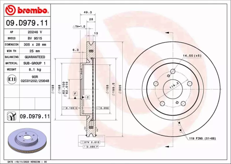 BREMBO TARCZA HAMULCOWA 09.D979.11 