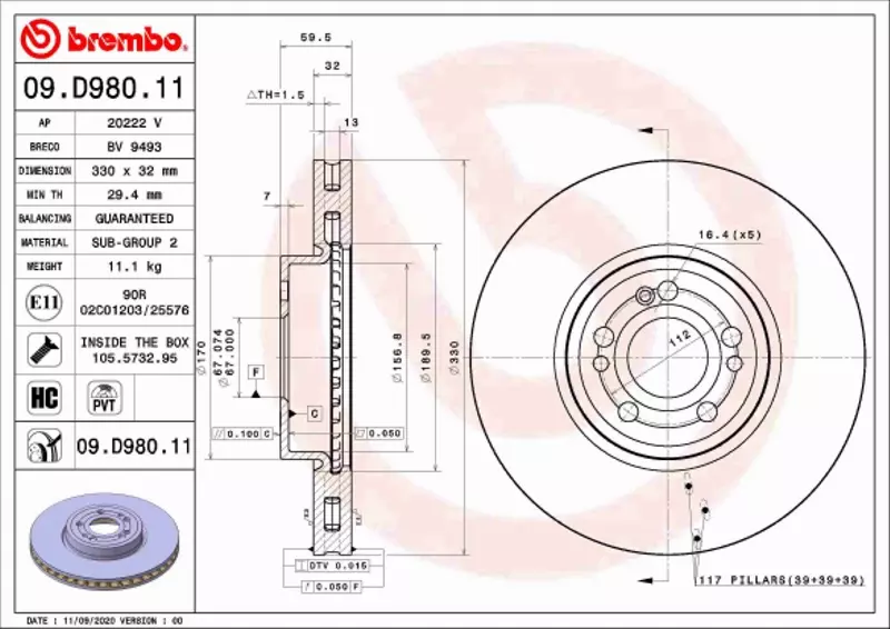 BREMBO TARCZA HAMULCOWA 09.D980.11 