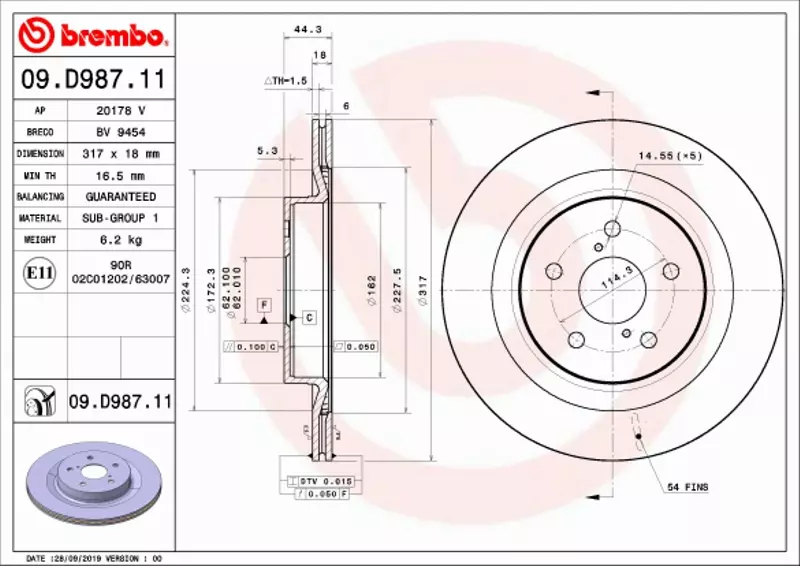 BREMBO TARCZA HAMULCOWA 09.D987.11 