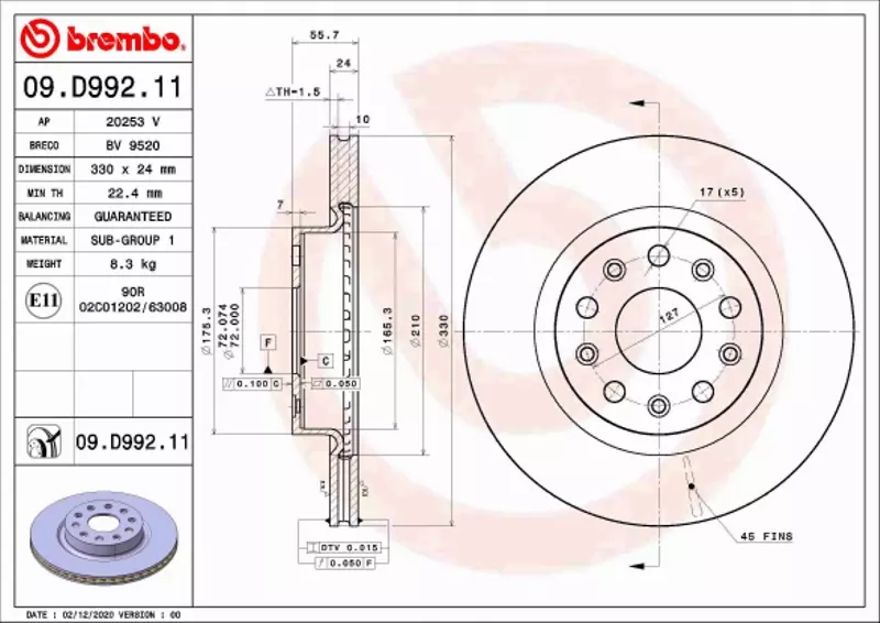 BREMBO TARCZA HAMULCOWA 09.D992.11 