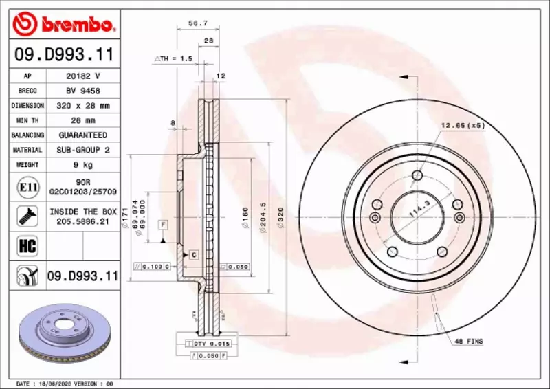 BREMBO TARCZA HAMULCOWA 09.D993.11 