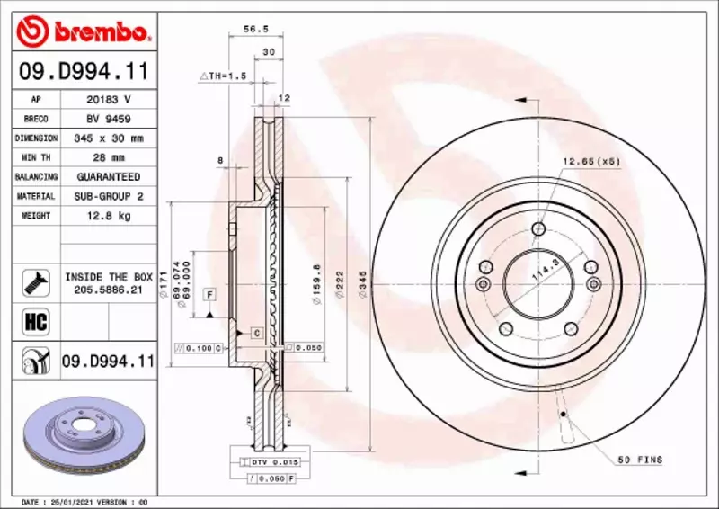 BREMBO TARCZA HAMULCOWA 09.D994.11 