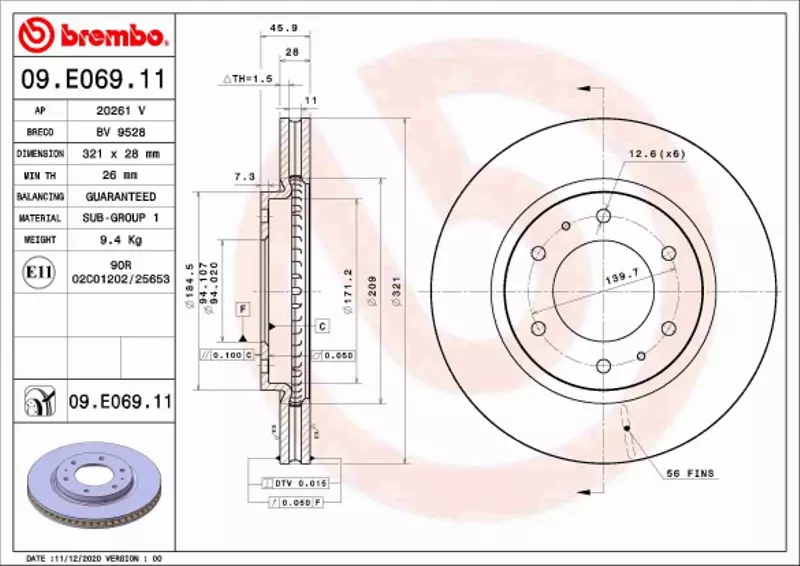 BREMBO TARCZA HAMULCOWA 09.E069.11 