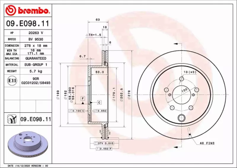 BREMBO TARCZA HAMULCOWA 09.E098.11 