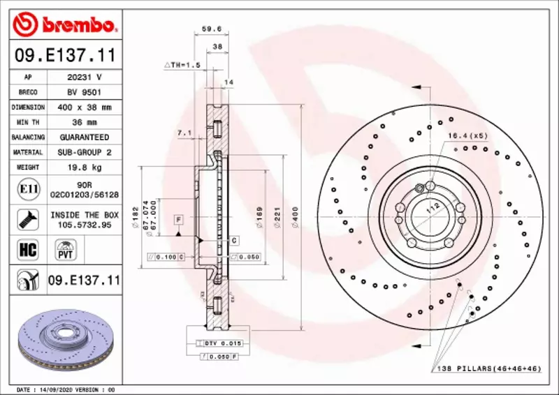 BREMBO TARCZA HAMULCOWA 09.E137.11 