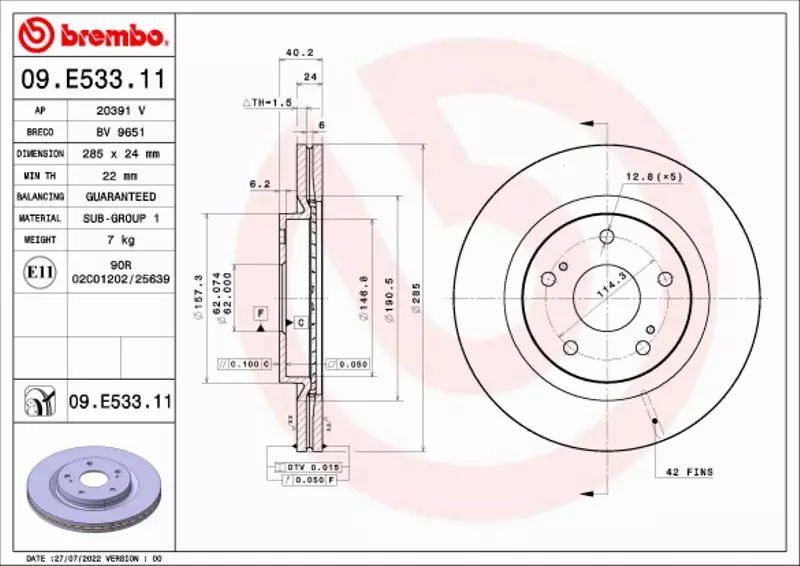 BREMBO TARCZA HAMULCOWA 09.E533.11 