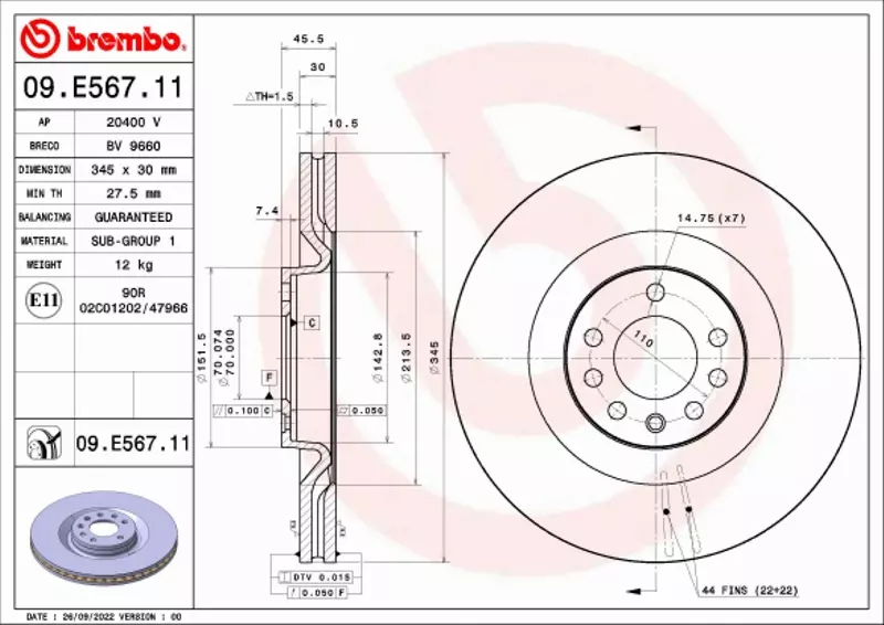 BREMBO TARCZA HAMULCOWA 09.E567.11 