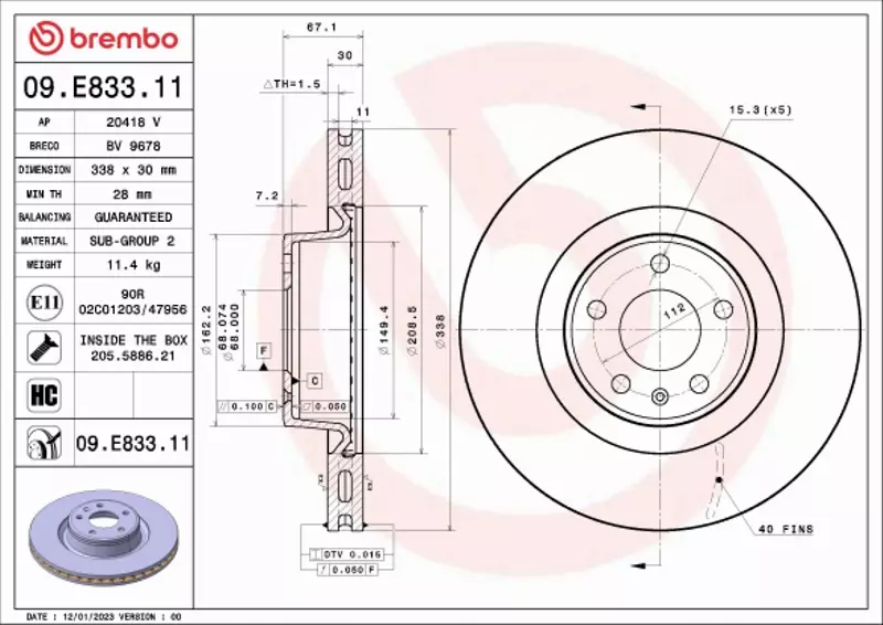 BREMBO TARCZA HAMULCOWA 09.E833.11 