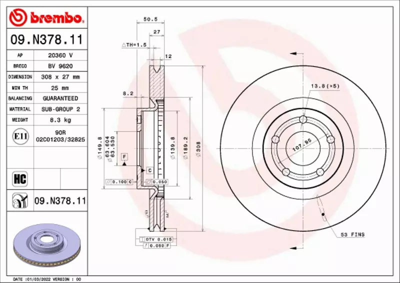 BREMBO TARCZA HAMULCOWA 09.N378.11 