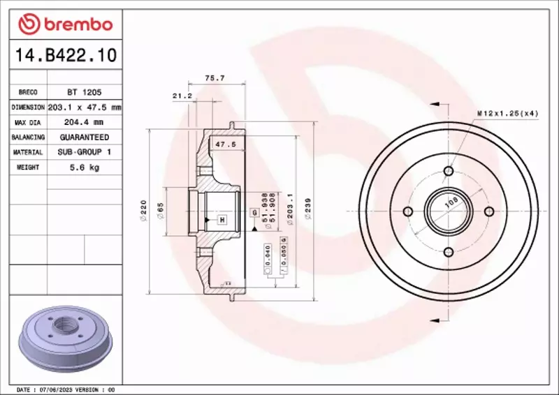 BREMBO BĘBEN HAMULCOWY 14.B422.10 