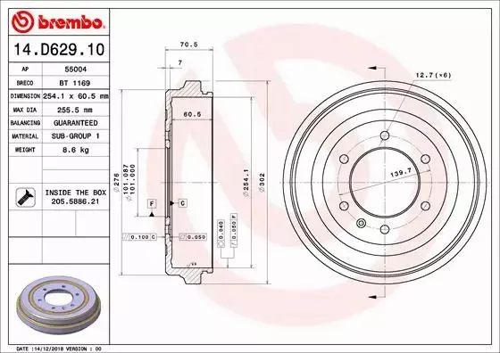 BREMBO BĘBEN HAMULCOWY 14.D629.10 