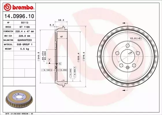 BREMBO BĘBEN HAMULCOWY 14.D996.10 