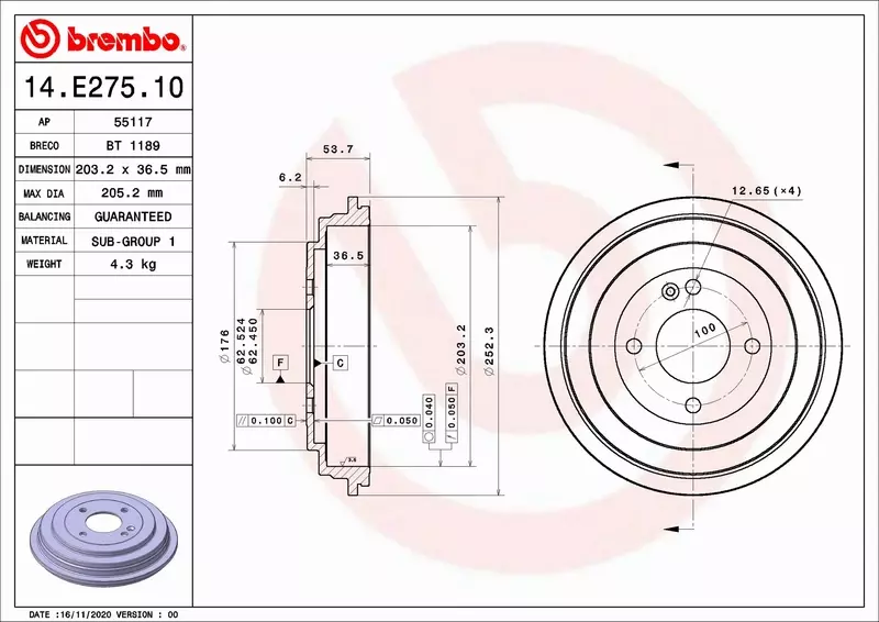 BREMBO BĘBEN HAMULCOWY 14.E275.10 