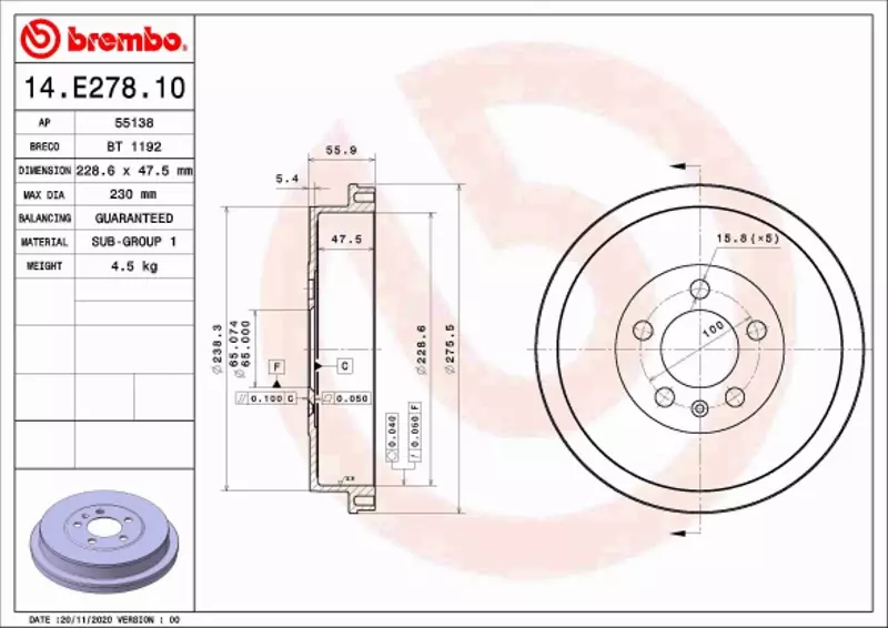 BREMBO BĘBEN HAMULCOWY 14.E278.10 