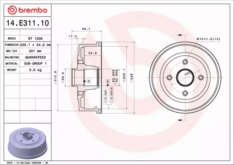 BREMBO BĘBEN HAMULCOWY 14.E311.10 