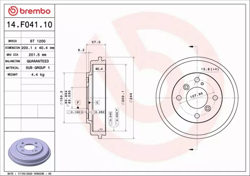 BREMBO BĘBEN HAMULCOWY 14.F041.10 