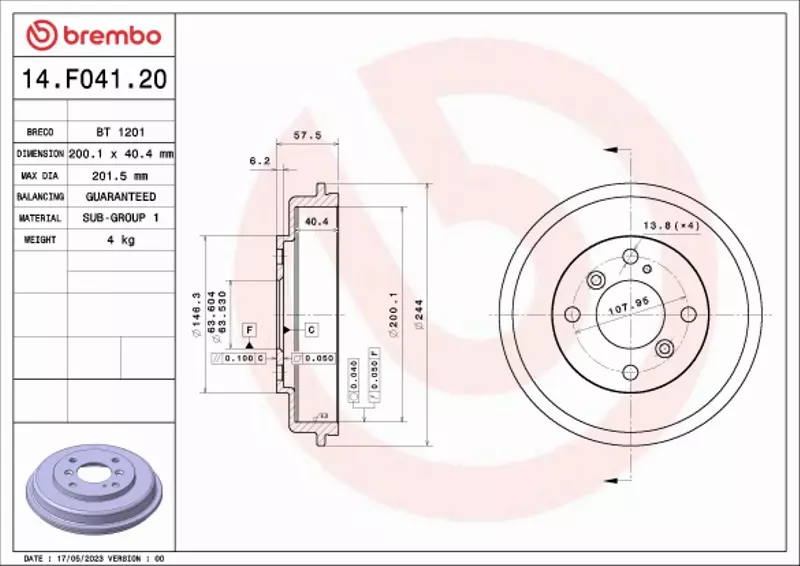 BREMBO BĘBEN HAMULCOWY 14.F041.20 