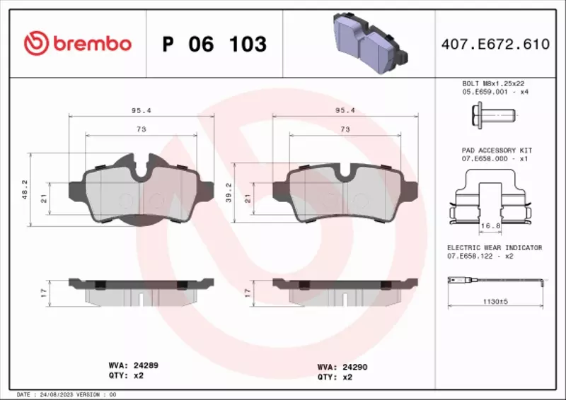 BREMBO Zestaw klocków hamulcowych, hamulce tarczowe P 06 103 