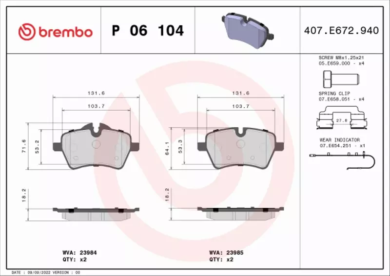 BREMBO Zestaw klocków hamulcowych, hamulce tarczowe P 06 104 