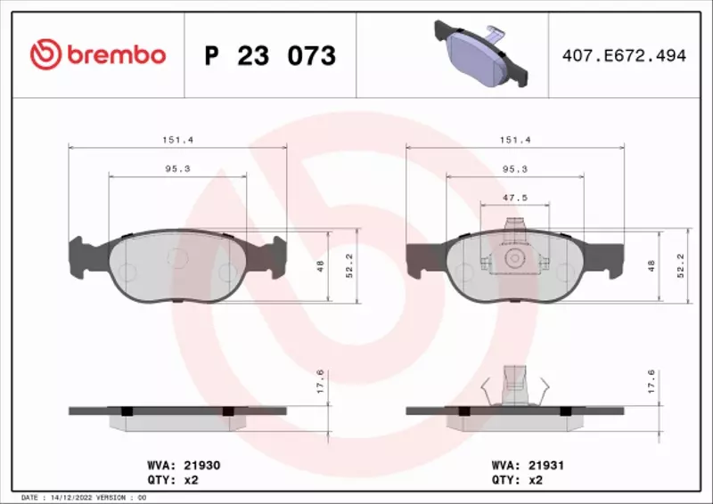 BREMBO Zestaw klocków hamulcowych, hamulce tarczowe P 23 073 